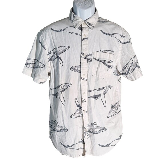 Old Navy Button Up Collared Slim Fit Humpback Whale Print Men's Shirt Size Large - Picture 1 of 6